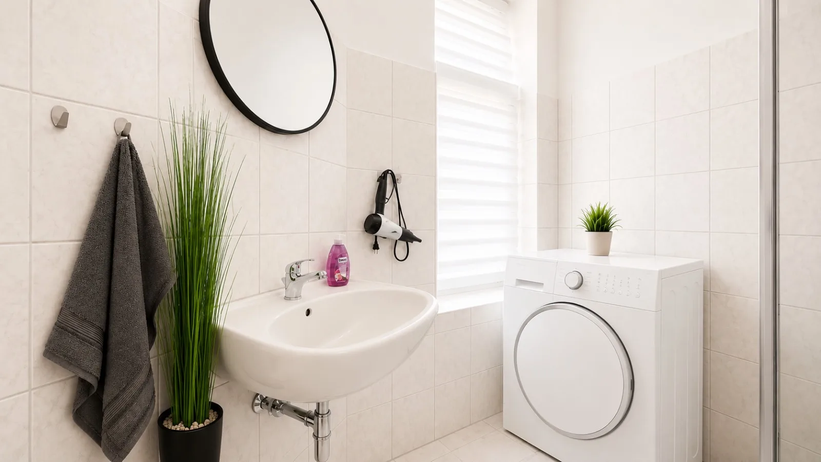 Badezimmer mit Waschbecken, Rundspiegel und Handtüchern