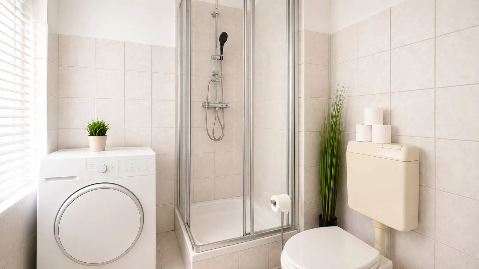 Dusche neben der Waschmaschine, mit Tageslicht