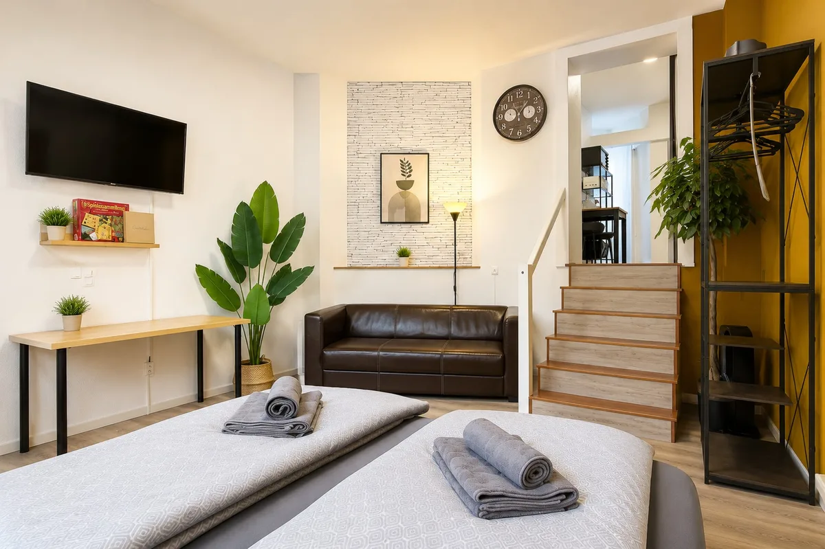 Blick auf Smart-TV, Ledersofa und die frisch bezogenen Betten