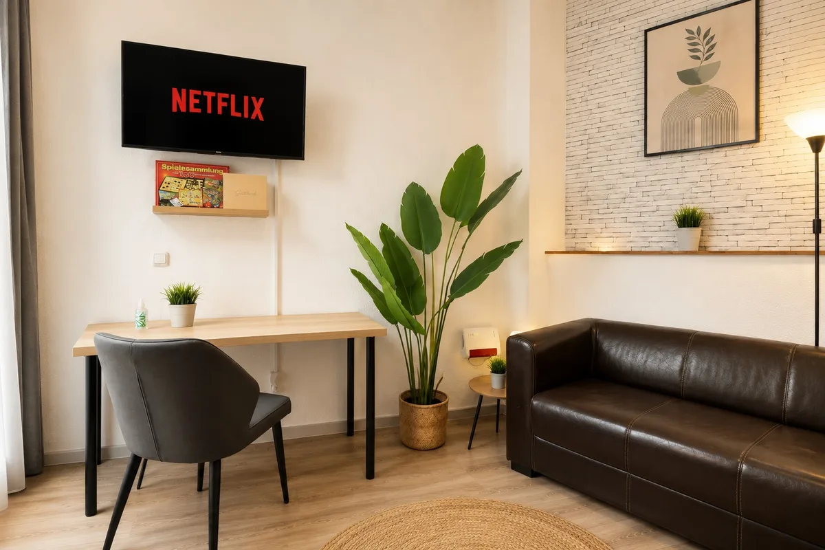 Arbeitsplatz am Fenster mit Sofa und Smart-TV